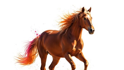 Majestic brown horse running with vibrant pink streaks in mane and tail