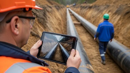 Engineer inspects heating pipe installation at construction site with tablet