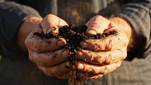 Hands holding rich fertile soil with earth falling through fingers.