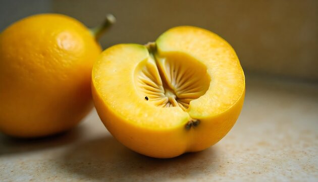 Close up of a cut loquat fruit revealing its inner structure