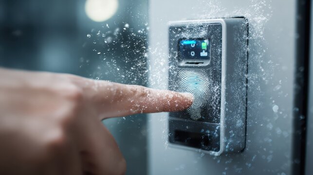 Fingerprint scan initiates door access process human finger presses biometric sensor for secure entry - Powered by Adobe