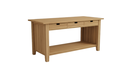 Wooden desk with drawers and shelf isolated on transparent background viewed from the front