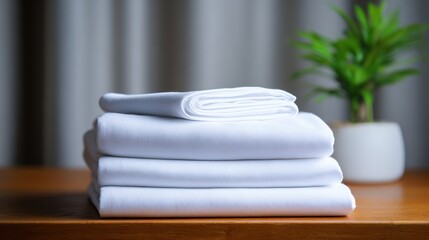 Stack of neatly folded white bed sheets and linens on a wooden table with a green plant in the background