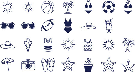 Set of blue summer beach icons featuring sun symbols palm trees swimwear beach balls starfish and travel accessories isolated on white background outline vector illustration