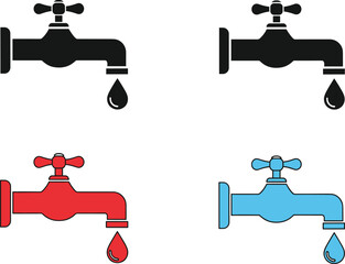 Set of water tap icons in black red and blue colors featuring dripping faucets isolated on white background flat vector illustration for plumbing and water conservation concepts