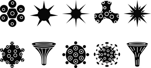 Set of black abstract virus and cell silhouettes featuring various spiked protein structures microorganisms and scientific shapes isolated on white background flat vector illustration