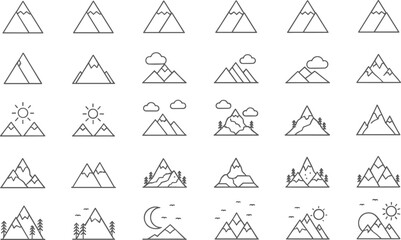 Set of thin line mountain icons and outdoor adventure symbols featuring various peak silhouettes with sun moon clouds and forest trees isolated on white background flat vector illustration