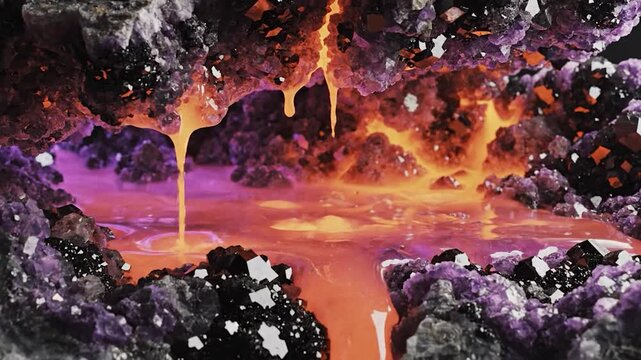 Glowing amethyst geode with molten lava inside