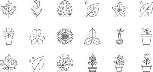 Set of thin line botanical icons featuring various leaf outlines flowers potted plants and autumn maple leaves isolated on white background flat vector illustration for nature and ecology branding