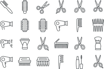 Set of thin line hair salon and barber shop icons featuring various scissors combs hair dryers brushes and styling tools isolated on white background vector illustration