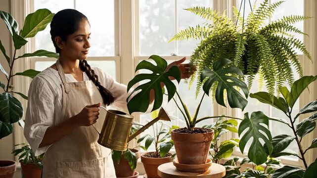 Woman in Apron Watering Indoor Plants by Sunny Window with Fiddle Leaf Fig Monstera Fern Terracotta Pots and White Walls in a Home Gardening Theme