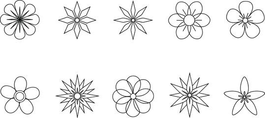 Set of thin line flower and star icons featuring various geometric floral blossoms and starburst shapes isolated on white background flat vector illustration for decorative design