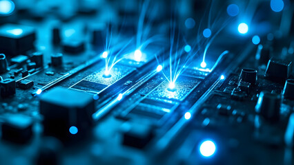Microscopic transistor gates switching with glowing electron flow. Clean scientific visualization.
