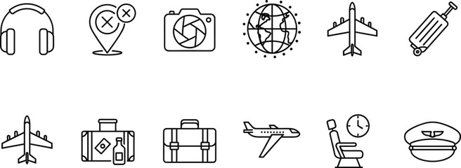 Set of thin line aviation and travel icons featuring airplane silhouettes luggage suitcases headphones camera and pilot cap isolated on white background 