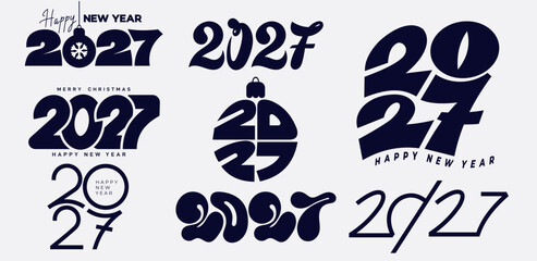 Happy New Year 2027 set. Design with custom 2027 logos typography. New Year celebration concept. Vector illustration suitable for banners, greeting cards, posters, social media and festive branding.
