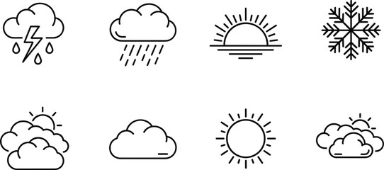 Set of thin line weather icons featuring cloud symbols with rain lightning and sun forecast elements snowflake and sunrise isolated on white background flat vector illustration