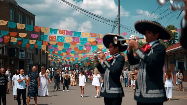 Vibrant mariachi musician playing trumpet during festive celebration in colorful outdoor setting