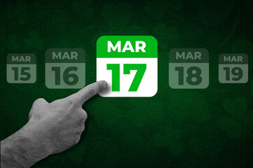 St. Patrick Day calendar, March 17. Halftone collage: a hand pointing to a calendar with the date March 17.