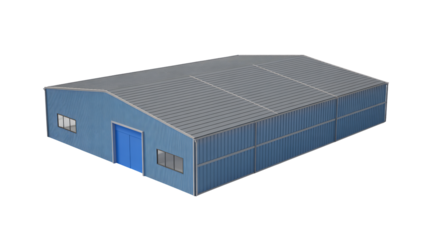 Large blue metal warehouse building with gray roof and blue door