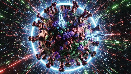 Dynamic 3D render of a coronavirus particle glowing with a vibrant blue aura traversing a futuristic digital tunnel filled with colorful light streaks symbolizing global pandemic spread scientific re. - Powered by Adobe