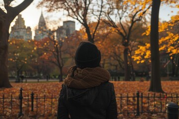 Fototapeta premium Woman admiring colorful fall foliage in central park with cityscape background