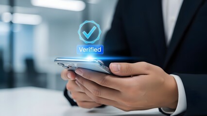 Businessman holding smartphone with verified icon and text overlay