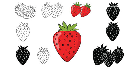 Strawberry illustration set, fresh ripe berry collection in outline and solid styles, organic fruit icons, healthy food design, isolated white background, flat vector illustration © PORI 