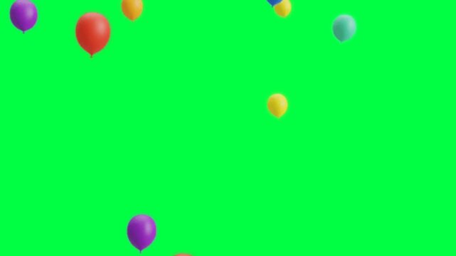 Colorful balloons floating upwards against a vibrant green screen background, ready for chroma key compositing in various projects.