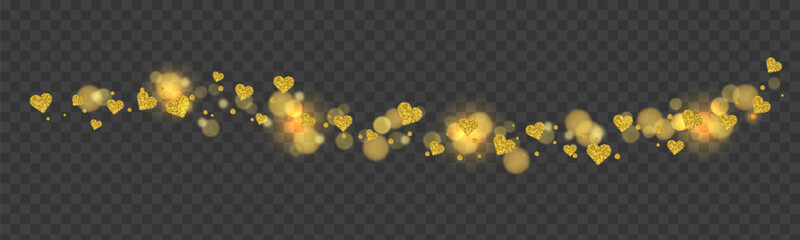 Bokeh light effect and Golden Glitter Hearts Confetti border isolated on transparent background