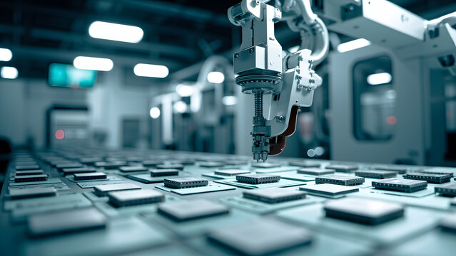 Pick-and-place robot aligning CPU chips with precise accuracy. Sterile factory lighting emphasizes automation.