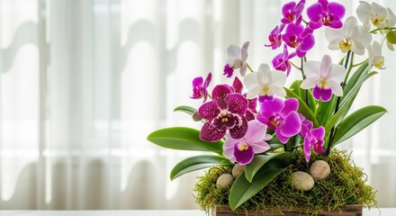 A vibrant arrangement of colorful orchids in a wooden box with moss and decorative eggs on a white background.