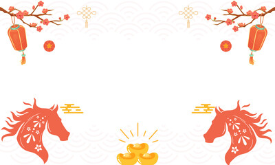 PNG image of&nbsp;Festive chinese new year border design featuring red lanterns plum blossoms golden ingots and stylized horse heads for celebration backgrounds on transparent background