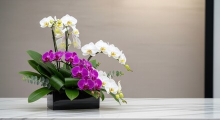 A beautiful orchid arrangement with white and purple orchids in a black vase on a marble table.