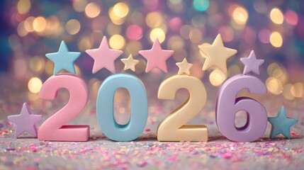 Obraz premium Colorful 2026 Celebration with Pastel Stars and Blurred Background for New Year Festivities and Joyous Events Theme
