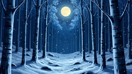Snowy forest landscape with tall trees and full moon in the night sky with snowflakes falling