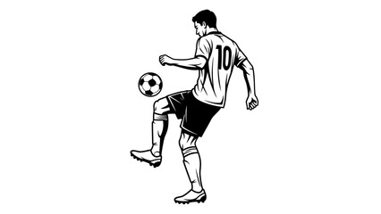 Fototapeta premium Skillful football player with number 10 dribbling and juggling a soccer ball, demonstrating technique, isolated white background.
