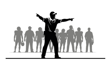 Football coach giving instructions and directing his team of players, depicted as silhouettes on a solid white background.