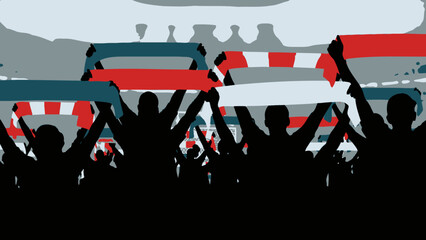 Passionate Football Fans Silhouettes Cheering in a Stadium with Raised Scarves © AHMAD KHOIRI