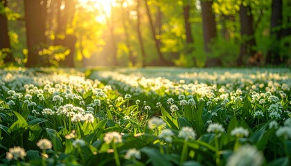Obraz premium Bärlauchfeld im Frühling mit Blütenmeer