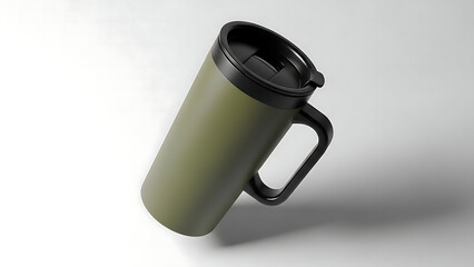 Olive green insulated travel mug with black lid and handle on white background