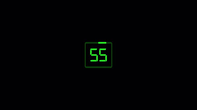 One minute digital countdown timer animation on transparent background with an alpha channel, digital countdown timer in 4k, sixty seconds countdown animation.