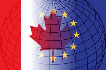 Canada-EU Partnership - A conceptual graphic illustrating cooperation between Canada and the European Union. Features the Canadian flag, a blue globe, and EU stars encircling a maple leaf