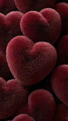 Obraz premium Soft fur hearts in deep red are organized closely. This arrangement creates a warm and festive look for Valentine's Day. The hearts are made to add charm to the celebration.