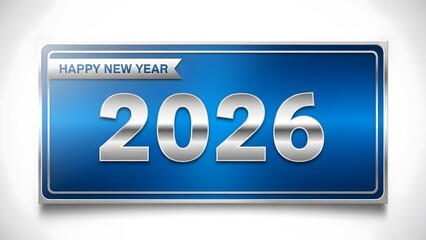 Happy new year 2026 shiny blue metallic sign with silver text and border
