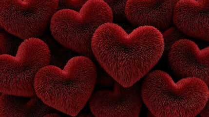 Soft fur hearts in deep red are organized closely. This arrangement creates a warm and festive look for Valentine's Day. The hearts are made to add charm to the celebration.