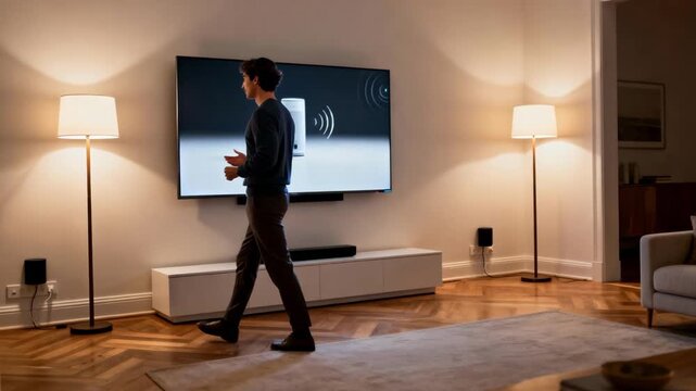 Medium shot of a modern living room with a person using voice commands to control a sleek smart TV showcasing handsfree entertainment interaction.