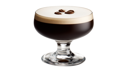 Classic espresso martini cocktail with creamy foam and coffee beans isolated.

