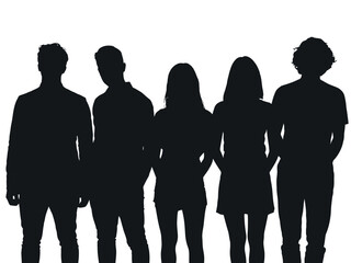 Silhouettes of Five People Standing Together in a Row on White Background