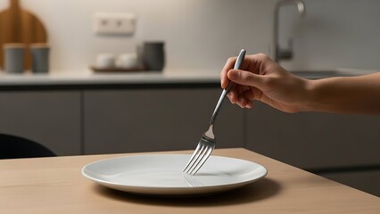 Empty plate and fork in a modern kitchen setting