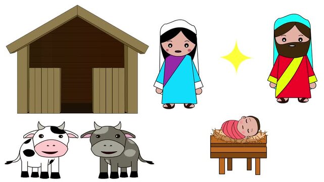 Animated Christmas cartoon style video with Joseph, Mary, baby Jesus, cattle, a star, and a barn on a white background, Christmas, art, 2D.